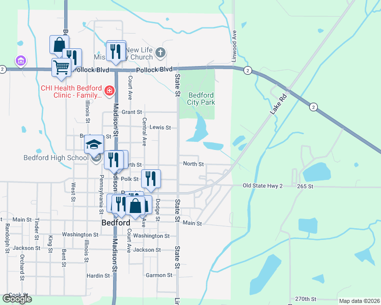 map of restaurants, bars, coffee shops, grocery stores, and more near Cole St in Bedford