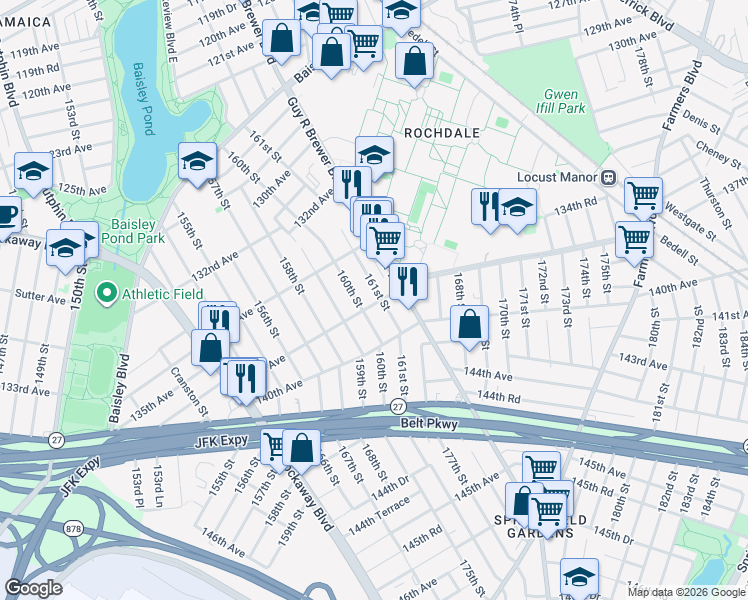 map of restaurants, bars, coffee shops, grocery stores, and more near 160-02 137th Avenue in Queens