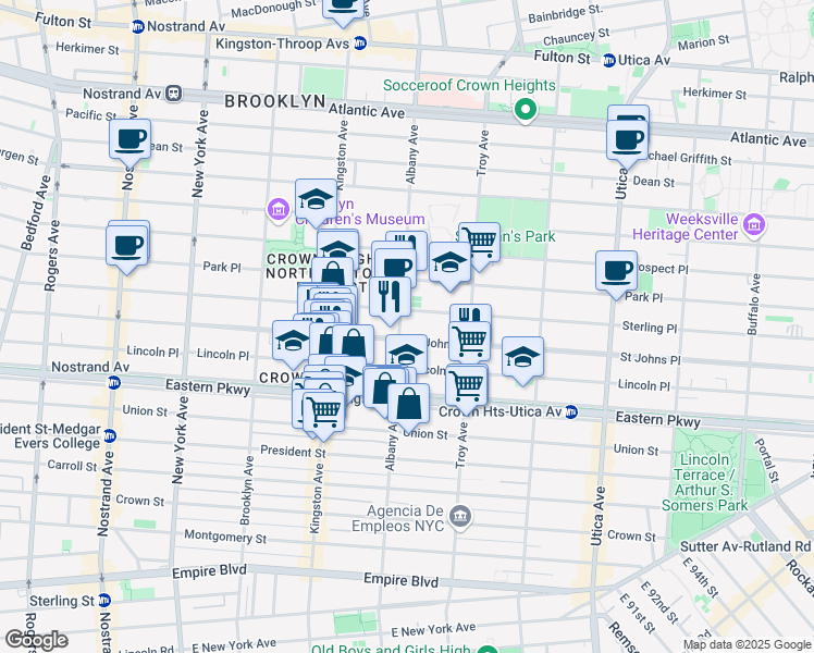 map of restaurants, bars, coffee shops, grocery stores, and more near 273 Albany Avenue in Brooklyn
