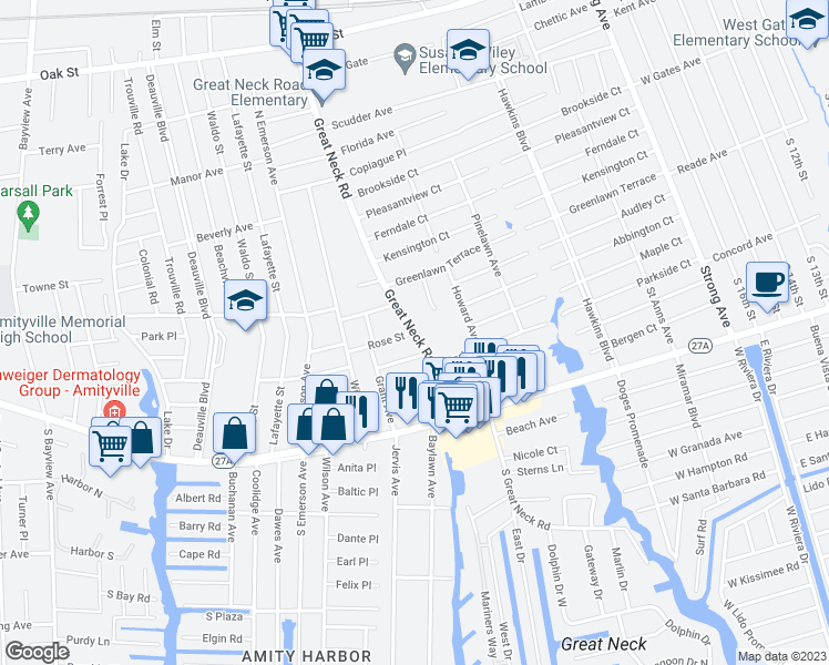 map of restaurants, bars, coffee shops, grocery stores, and more near 401 Great Neck Road in Copiague