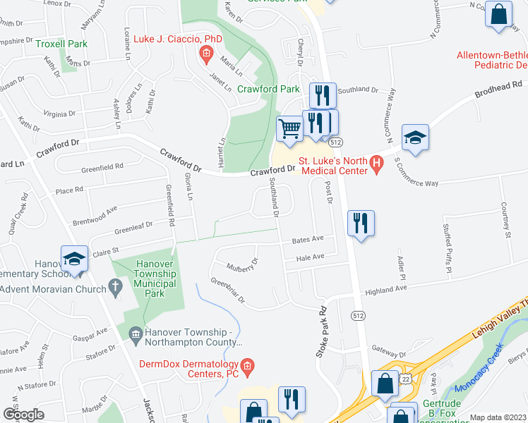 map of restaurants, bars, coffee shops, grocery stores, and more near 5464 Jaclyn Lane in Bethlehem