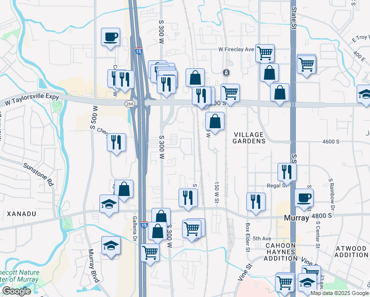 map of restaurants, bars, coffee shops, grocery stores, and more near 4623 South Urban Way in Murray