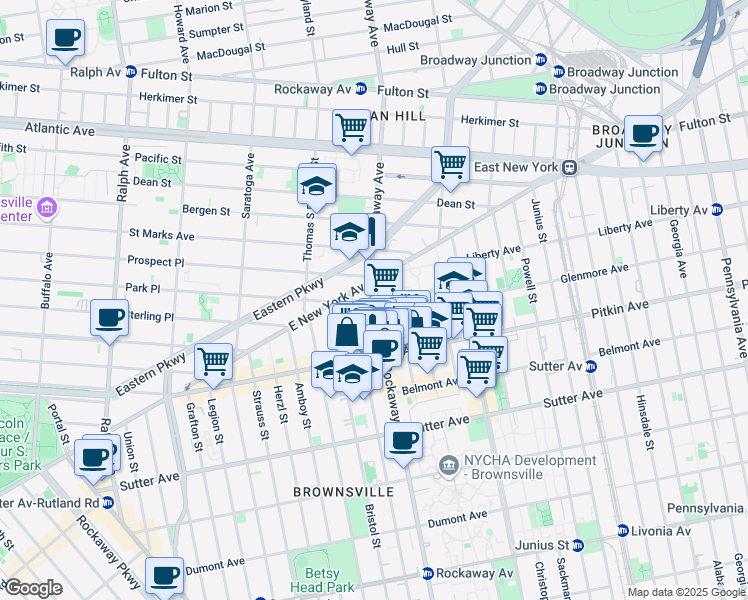 map of restaurants, bars, coffee shops, grocery stores, and more near 366 Rockaway Avenue in Brooklyn