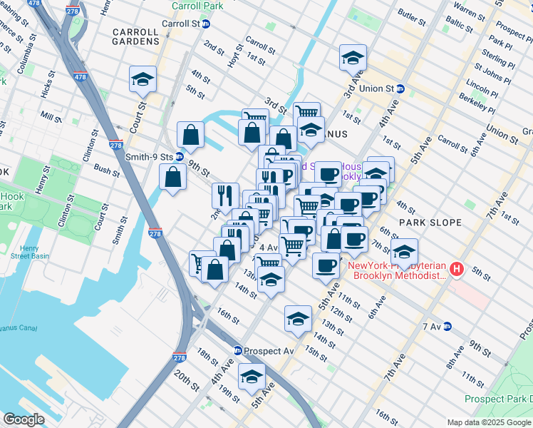 map of restaurants, bars, coffee shops, grocery stores, and more near 462 3rd Avenue in Brooklyn