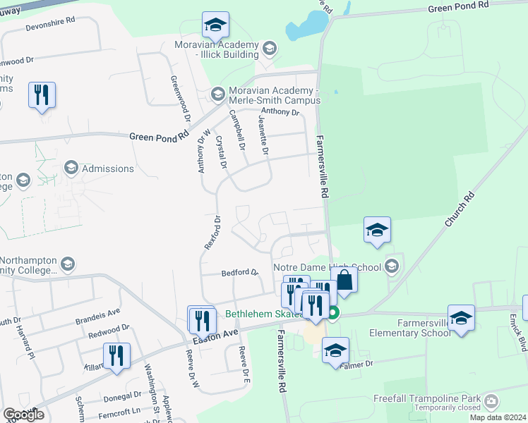 map of restaurants, bars, coffee shops, grocery stores, and more near 114 Quaker Drive in Bethlehem