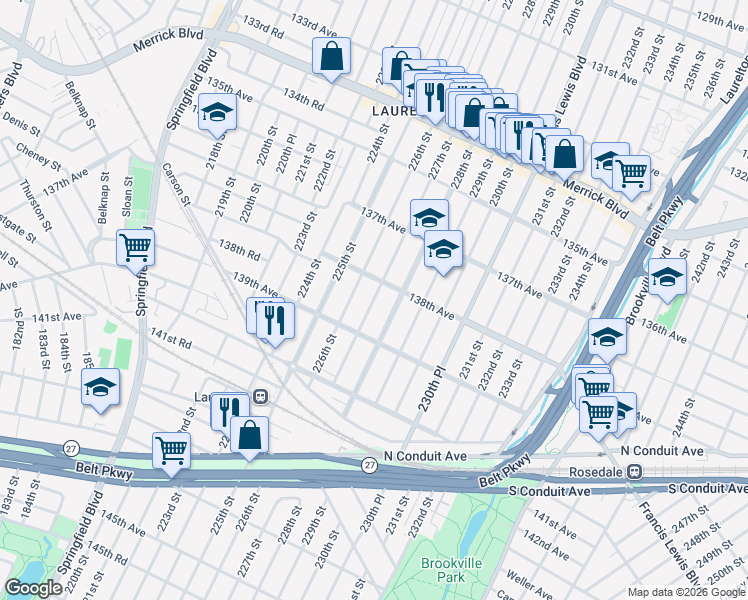 map of restaurants, bars, coffee shops, grocery stores, and more near 138-30 228th Street in Queens
