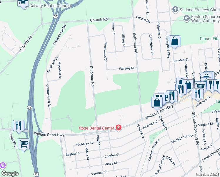 map of restaurants, bars, coffee shops, grocery stores, and more near 3502 Chipman Road in Easton