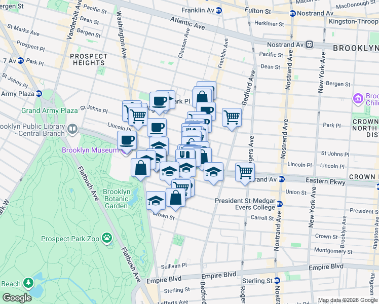 map of restaurants, bars, coffee shops, grocery stores, and more near 307 Eastern Parkway in Brooklyn