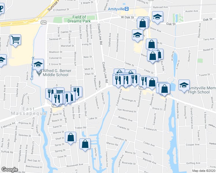 map of restaurants, bars, coffee shops, grocery stores, and more near 2 Merrick Road in Amityville