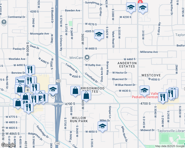 map of restaurants, bars, coffee shops, grocery stores, and more near 3523 West Rickys Drive in West Valley City