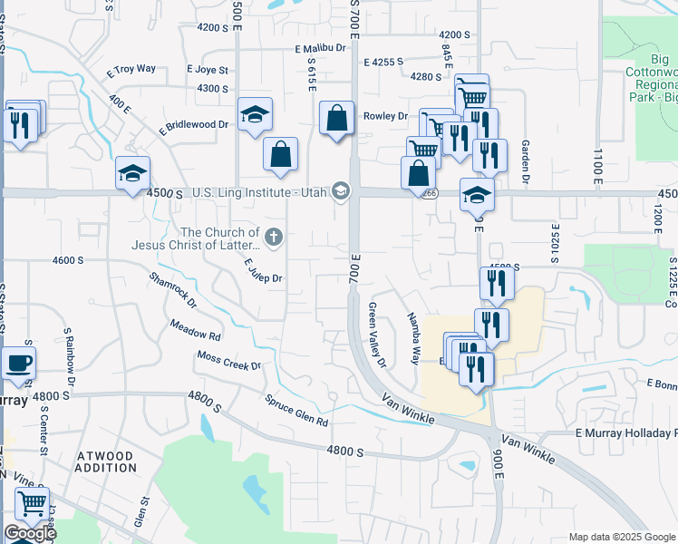 map of restaurants, bars, coffee shops, grocery stores, and more near 4586-4588 700 East in Salt Lake City