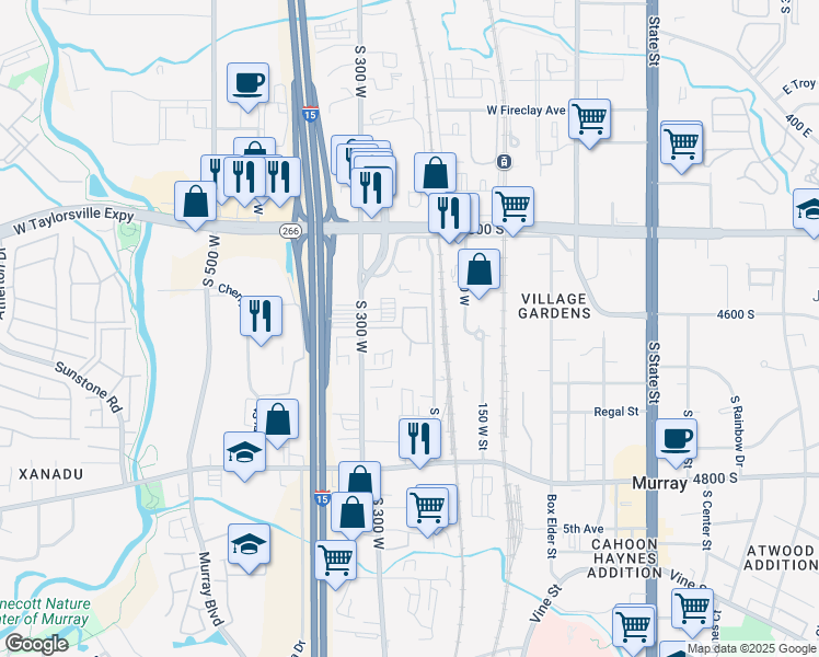 map of restaurants, bars, coffee shops, grocery stores, and more near 4644 South Urban Way in Murray