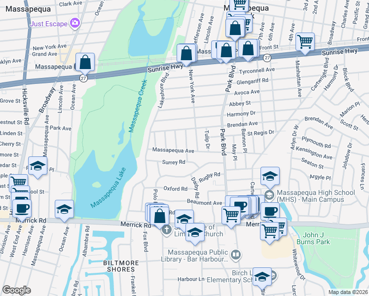 map of restaurants, bars, coffee shops, grocery stores, and more near 32 Massapequa Avenue in Massapequa Park