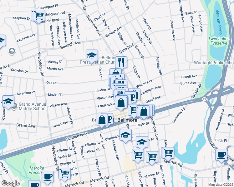 map of restaurants, bars, coffee shops, grocery stores, and more near 314-316 Bedford Avenue in Bellmore