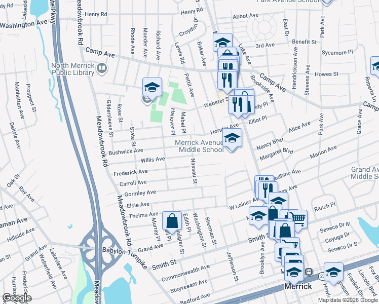 map of restaurants, bars, coffee shops, grocery stores, and more near 1894 Willis Avenue in Merrick