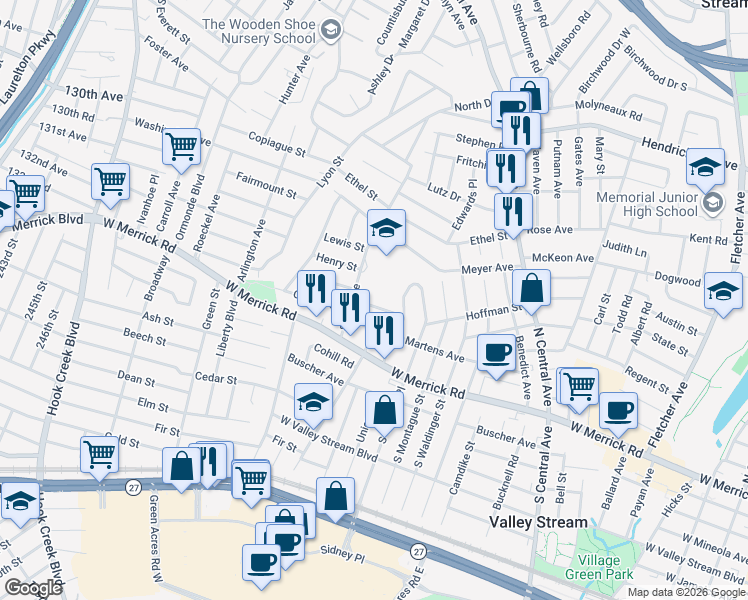 map of restaurants, bars, coffee shops, grocery stores, and more near 185 Martens Avenue in Valley Stream