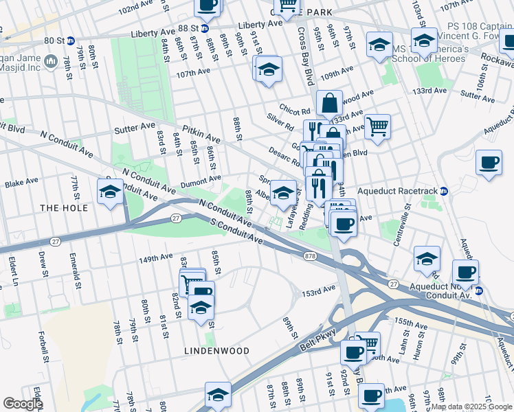 map of restaurants, bars, coffee shops, grocery stores, and more near 88-01 North Conduit Avenue in Queens