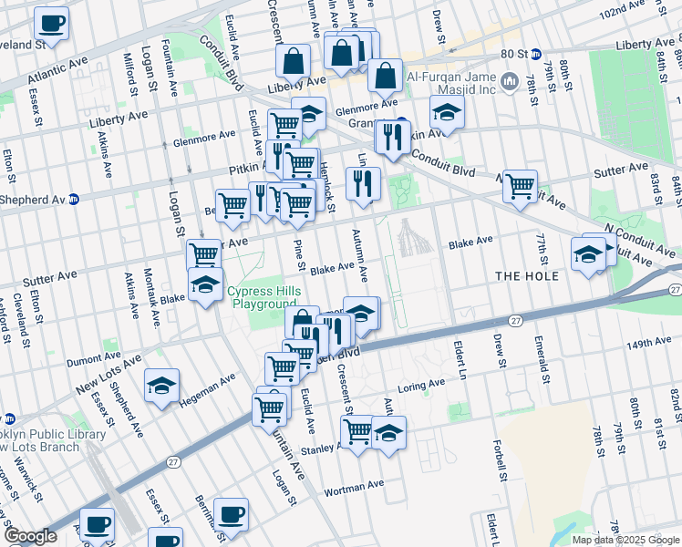 map of restaurants, bars, coffee shops, grocery stores, and more near 729 Hemlock Street in Brooklyn