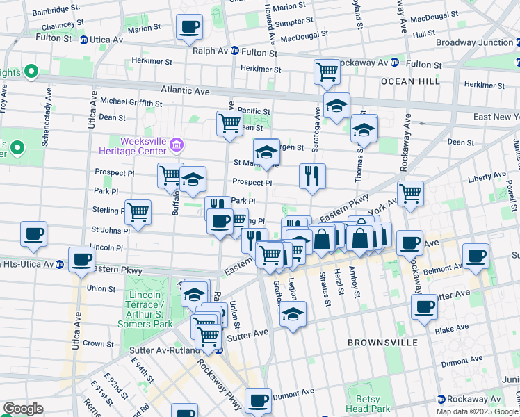 map of restaurants, bars, coffee shops, grocery stores, and more near 496 Howard Avenue in Brooklyn