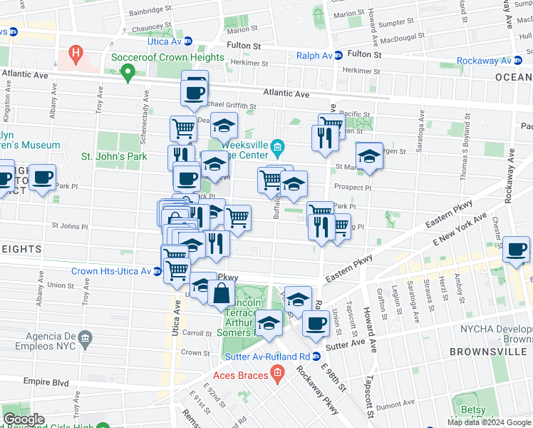 map of restaurants, bars, coffee shops, grocery stores, and more near 1598 Sterling Place in Brooklyn