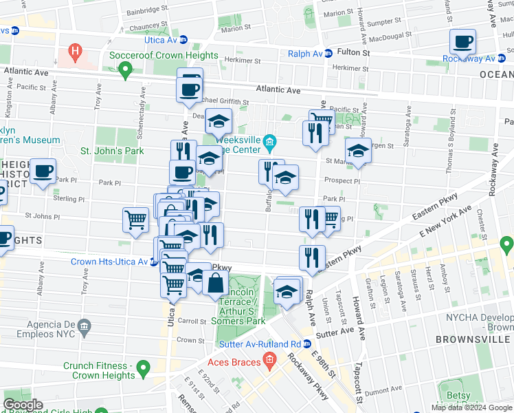 map of restaurants, bars, coffee shops, grocery stores, and more near 1598 Sterling Place in Brooklyn
