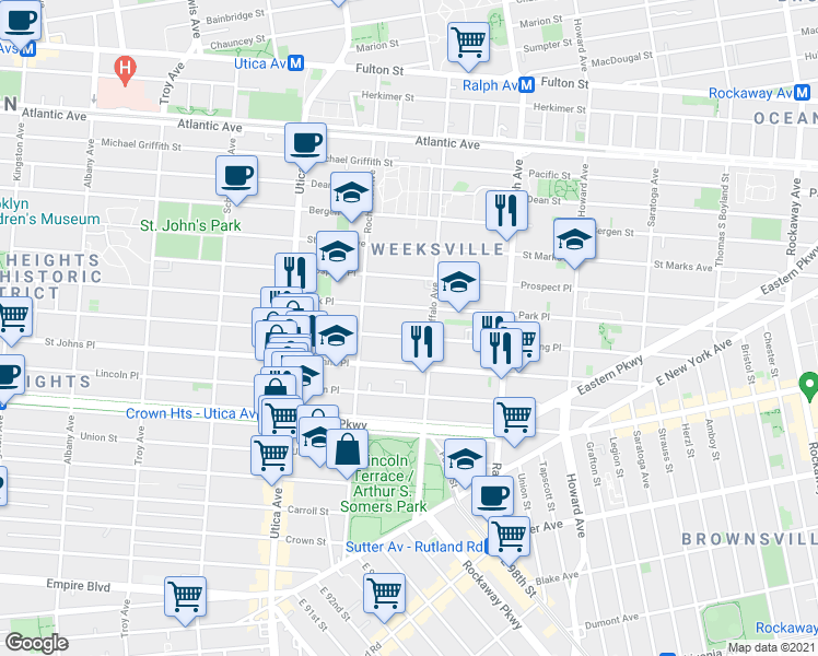 map of restaurants, bars, coffee shops, grocery stores, and more near 1598 Sterling Place in Brooklyn