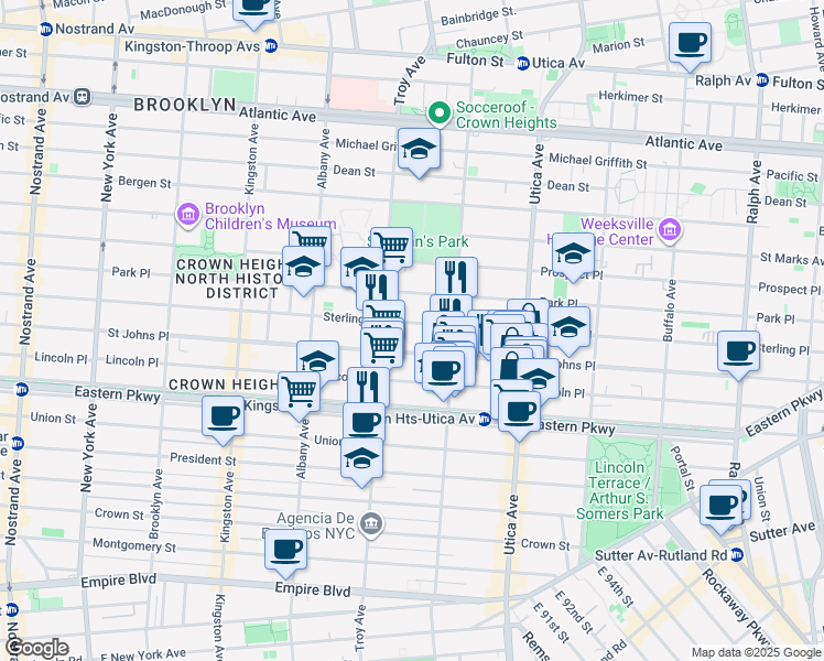 map of restaurants, bars, coffee shops, grocery stores, and more near 1311 Saint Johns Place in Brooklyn