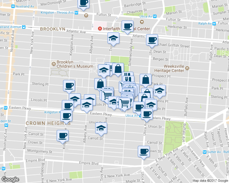 map of restaurants, bars, coffee shops, grocery stores, and more near 1311 Saint Johns Place in Brooklyn