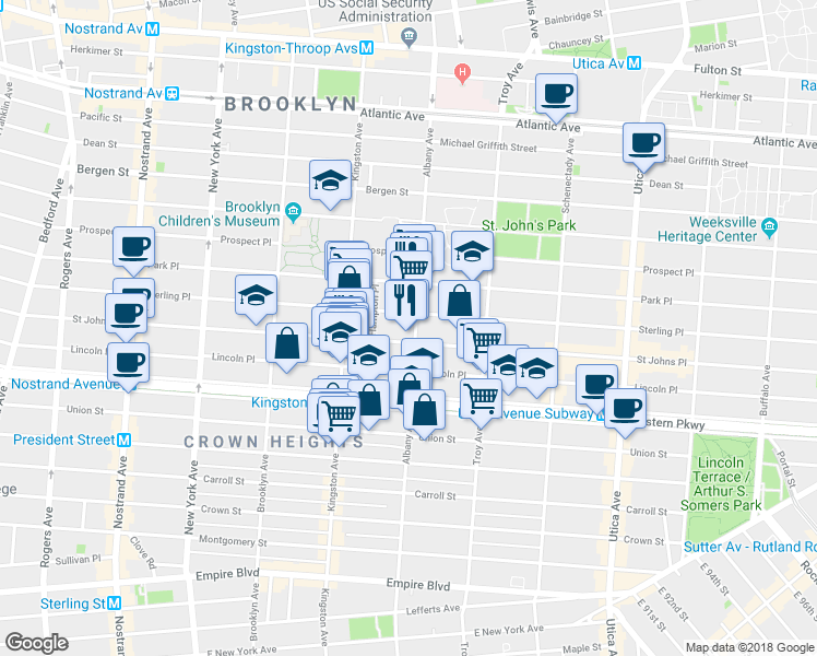 map of restaurants, bars, coffee shops, grocery stores, and more near 1167 Saint Johns Place in Brooklyn