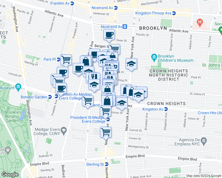map of restaurants, bars, coffee shops, grocery stores, and more near 798 Nostrand Avenue in Brooklyn