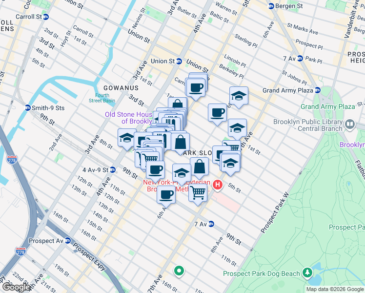 map of restaurants, bars, coffee shops, grocery stores, and more near 369 5th Street in Brooklyn