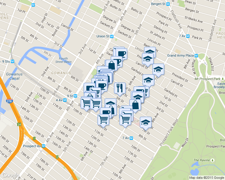 map of restaurants, bars, coffee shops, grocery stores, and more near 372A 5th Street in Brooklyn