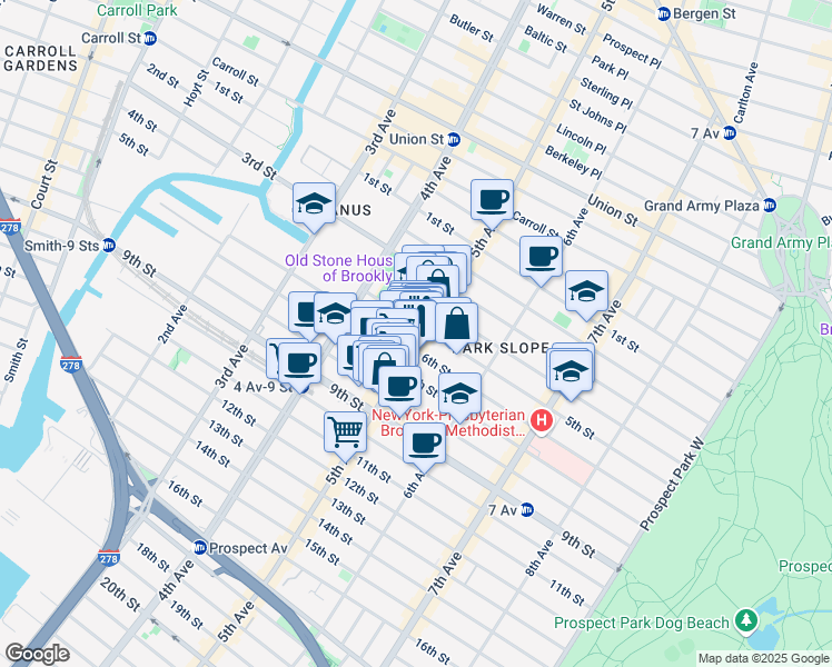 map of restaurants, bars, coffee shops, grocery stores, and more near 339 6th Street in Brooklyn