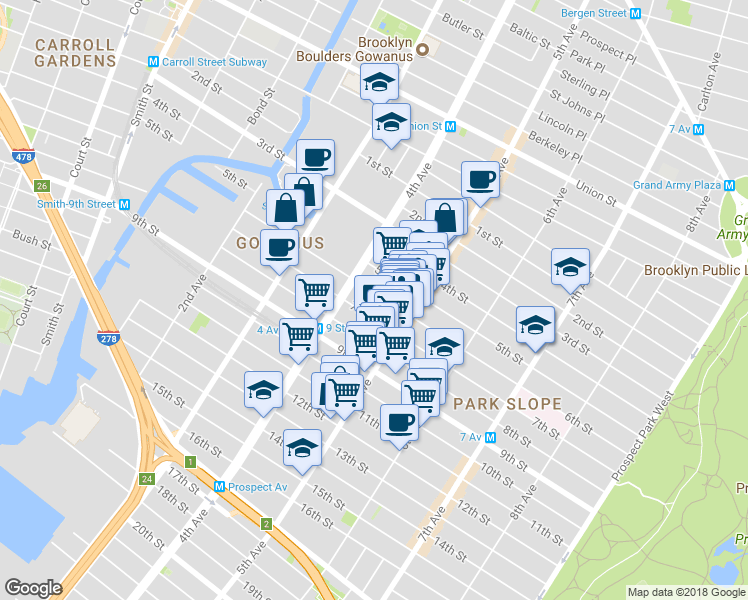 map of restaurants, bars, coffee shops, grocery stores, and more near 307 7th Street in Brooklyn