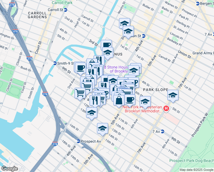 map of restaurants, bars, coffee shops, grocery stores, and more near 252 9th Street in Brooklyn