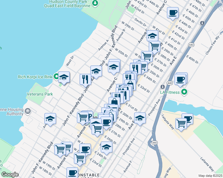 map of restaurants, bars, coffee shops, grocery stores, and more near 44 West 31st Street in Bayonne