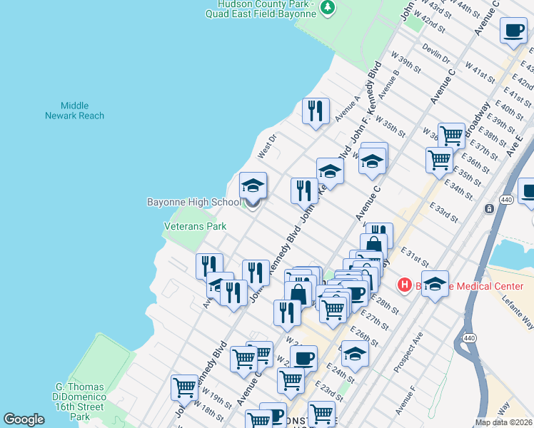 map of restaurants, bars, coffee shops, grocery stores, and more near 658 Avenue A in Bayonne