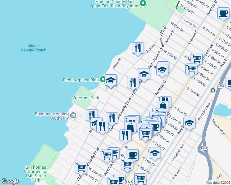 map of restaurants, bars, coffee shops, grocery stores, and more near 658 Avenue A in Bayonne