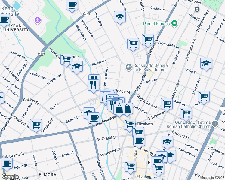 map of restaurants, bars, coffee shops, grocery stores, and more near 72 Prince Street in Elizabeth