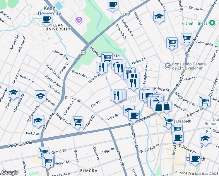 map of restaurants, bars, coffee shops, grocery stores, and more near 440 Cherry Street in Elizabeth