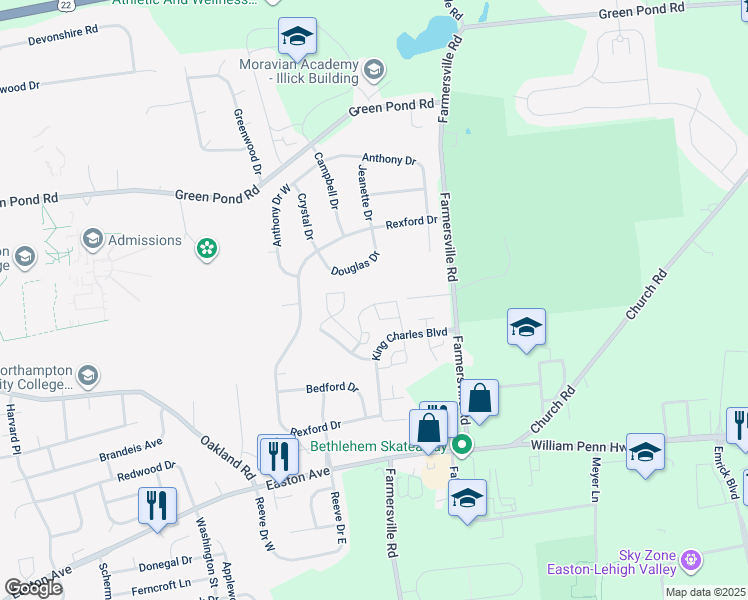 map of restaurants, bars, coffee shops, grocery stores, and more near 111 Quaker Drive in Bethlehem