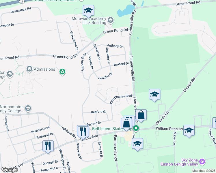 map of restaurants, bars, coffee shops, grocery stores, and more near 114 Quaker Drive in Bethlehem