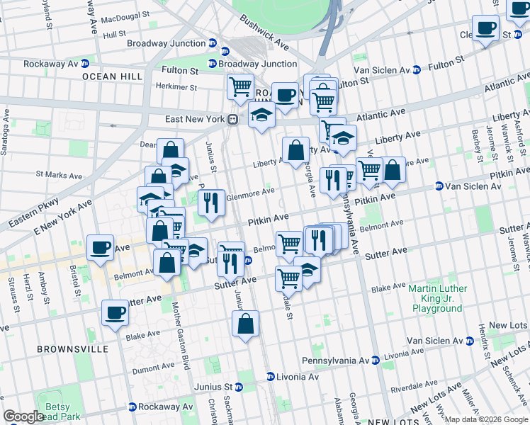 map of restaurants, bars, coffee shops, grocery stores, and more near 1946 Pitkin Avenue in Brooklyn