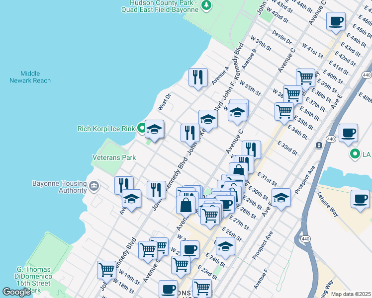map of restaurants, bars, coffee shops, grocery stores, and more near 120 West 29th Street in Bayonne