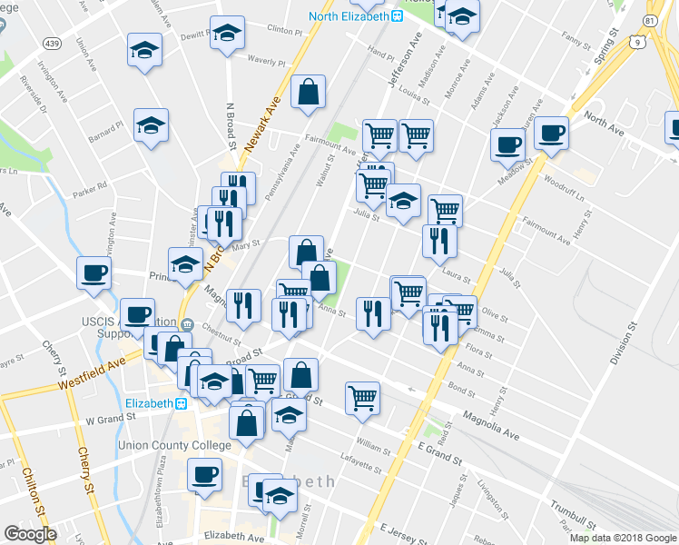 map of restaurants, bars, coffee shops, grocery stores, and more near 498 Madison Avenue in Elizabeth