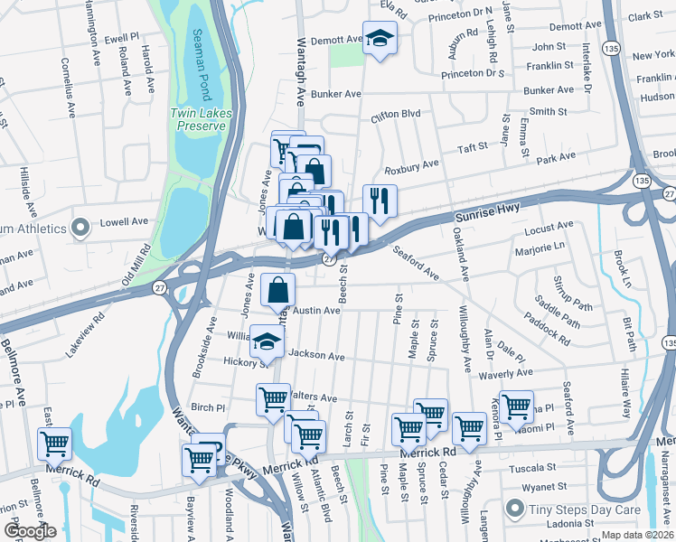 map of restaurants, bars, coffee shops, grocery stores, and more near 3301 Woodward Avenue in Wantagh