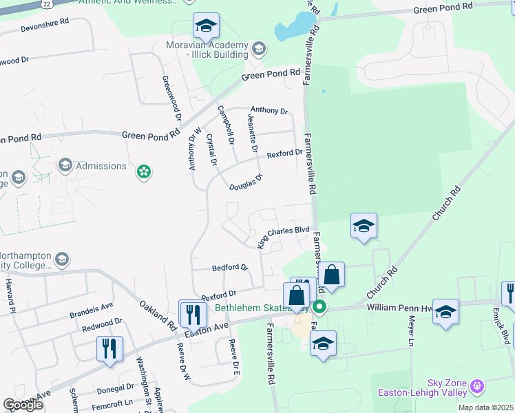map of restaurants, bars, coffee shops, grocery stores, and more near 112 Quaker Drive in Bethlehem