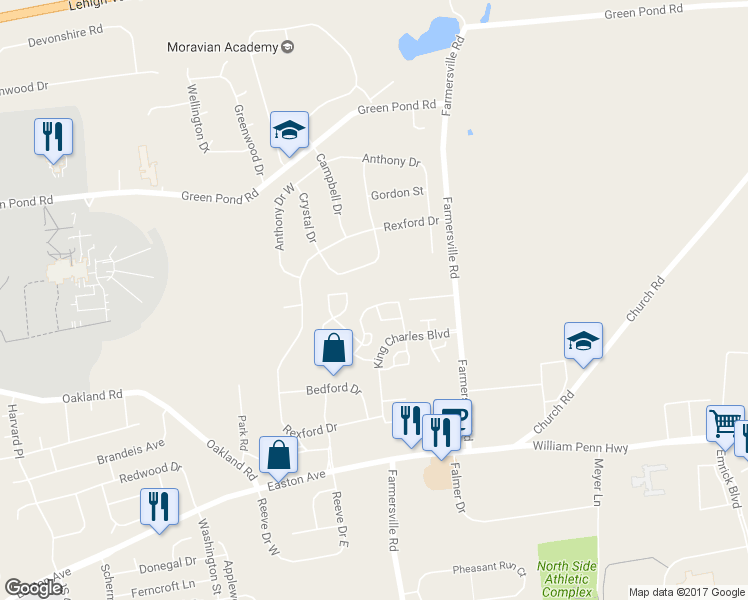 map of restaurants, bars, coffee shops, grocery stores, and more near 112 Quaker Drive in Bethlehem