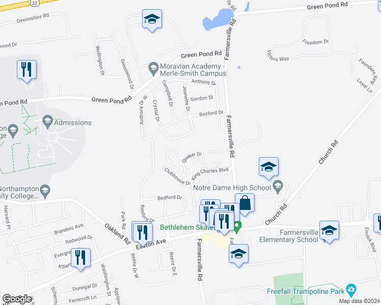 map of restaurants, bars, coffee shops, grocery stores, and more near 111 Quaker Drive in Bethlehem
