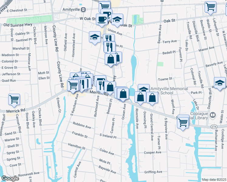 map of restaurants, bars, coffee shops, grocery stores, and more near 154 New York 27A in Amityville